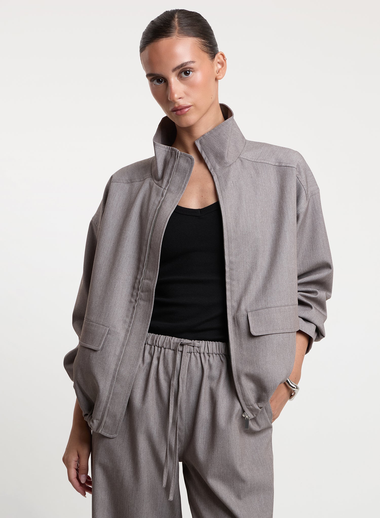 Grey Drawstring Waist Straight Leg Trousers